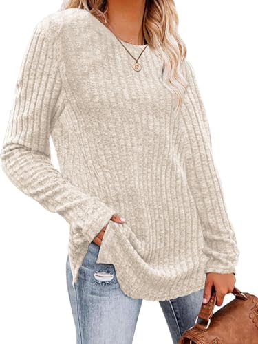 Yutdeng Pullover Damen Herbst Winter Strickpullover Langarm Rundhals Dünne Pullover Elegant Pulli Langer Strickpulli Basic Langarmshirts für Damen Sweater Sweatshirts Leichte Tunika,Beige,XXL von Yutdeng