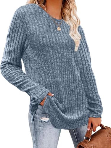 Yutdeng Pullover Damen Herbst Winter Strickpullover Langarm Rundhals Dünne Pullover Elegant Pulli Langer Strickpulli Basic Langarmshirts für Damen Sweater Sweatshirts Leichte Tunika,Blau,L von Yutdeng