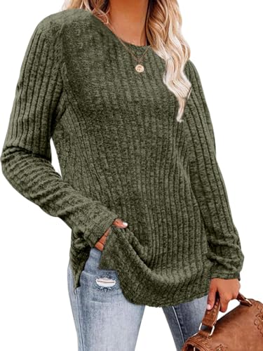 Yutdeng Pullover Damen Herbst Winter Strickpullover Langarm Rundhals Dünne Pullover Elegant Pulli Langer Strickpulli Basic Langarmshirts für Damen Sweater Sweatshirts Leichte Tunika,Grün,M von Yutdeng