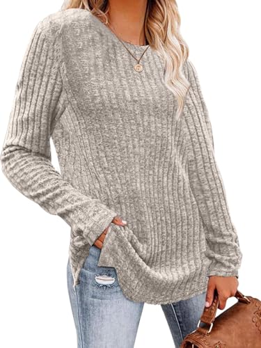 Yutdeng Pullover Damen Herbst Winter Strickpullover Langarm Rundhals Dünne Pullover Elegant Pulli Langer Strickpulli Basic Langarmshirts für Damen Sweater Sweatshirts Leichte Tunika,Khaki,L von Yutdeng