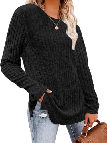 Yutdeng Pullover Damen Herbst Winter Strickpullover Langarm Rundhals Dünne Pullover Elegant Pulli Langer Strickpulli Basic Langarmshirts für Damen Sweater Sweatshirts Leichte Tunika,Schwarz,M von Yutdeng