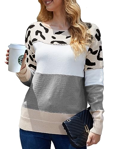 Yutdeng Pullover mit Rundhalsausschnitt Damen Strickpullover Oversize Gestrickt Langarm Gestreifte Pullover Leopard Strickpulli Winter Warme Pullover Oberteile Tops Sweater Bequem Mode,Grau,L von Yutdeng