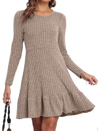 Yutdeng Pulloverkleid Strickkleid Damen Knielang Kleid Langarm A Linie Winterkleid mit Rüschen Rundhals Wollkleid Freizeitkleid Sweater Dress Strickkleider Damen Herbst Winter Kleider,Khaki,XL von Yutdeng