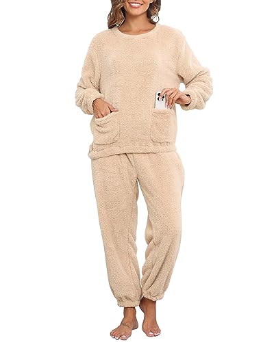 Yutdeng Pyjama Set Damen Winter Warm Plüsch Schlafanzug Set mit Taschen Herren Zweiteiliger Nachtwäsche Sleepwear Loungewear Langarm Oberteil und Hosen Warme Hausanzug Freizeitanzug,Beige,XL von Yutdeng