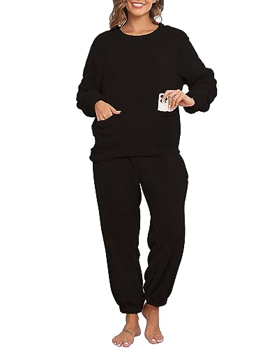 Yutdeng Pyjama Set Damen Winter Warm Plüsch Schlafanzug Set mit Taschen Herren Zweiteiliger Nachtwäsche Sleepwear Loungewear Langarm Oberteil und Hosen Warme Hausanzug Freizeitanzug,Schwarz,XL von Yutdeng