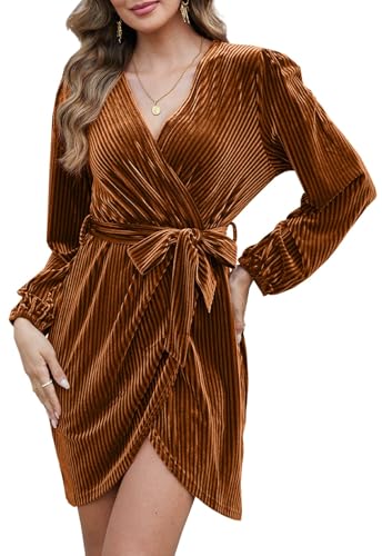 Yutdeng Samtkleid Damen Winterkleid Elegant Abendkleid Retro Cocktailkleid Langarm Partykleid Kurz Wickelkleid Winter Minikleid V-Ausschnitt Samt Kleid Schlitz Bodycon Taillenbindung Festlich Hochzeit von Yutdeng