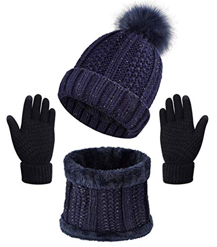 Yutdeng Winter Warm Mütze Schal Handschuhe Set Damen Warme Strickmütze Beanie Bommel Gefüttert Innenfutter Dicker Weiche Schlauchschal Loopschal mit Handschuhe Touchscreen, Marineblau von Yutdeng