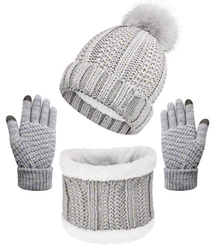 Yutdeng Winter Warm Mütze Schal Handschuhe Set Damen Warme Strickmütze Beanie Bommel Gefüttert Innenfutter Dicker Weiche Schlauchschal Loopschal mit Handschuhe Touchscreen, Grau von Yutdeng