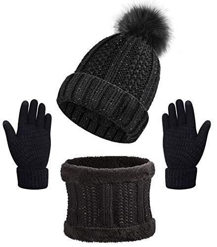 Yutdeng Winter Warm Mütze Schal Handschuhe Set Damen Warme Strickmütze Beanie Bommel Gefüttert Innenfutter Dicker Weiche Schlauchschal Loopschal mit Handschuhe Touchscreen, Schwarz von Yutdeng