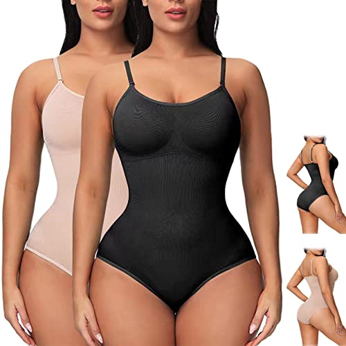 Yutdeng Shapewear Damen Bodysuit Figurenformend Body Shaper Bauchweg Sculpting Unterwäsche Push Up BH Nahtlos Kompression Bodyshaper Tanga Verstellbarer String und Schultergurt,A-Schwarz+Beige,L von Yutdeng