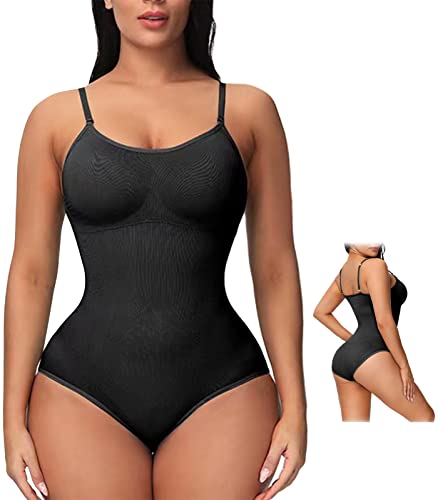 Yutdeng Shapewear Damen Bodysuit Figurenformend Body Shaper Bauchweg Sculpting Unterwäsche Push Up BH Nahtlos Kompression Bodyshaper Tanga Verstellbarer String und Schultergurt,A-Schwarz,XL von Yutdeng