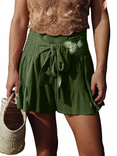 Yutdeng Shorts Damen Sommer Baumwolle Leinen Freizeit Shorts Damen Elegant Kurze Hose Stretch Bermuda Shorts High Waist Strand Damenshorts Casual Strandshorts Weite Bein Rüschen Sommershort mit Gürtel von Yutdeng