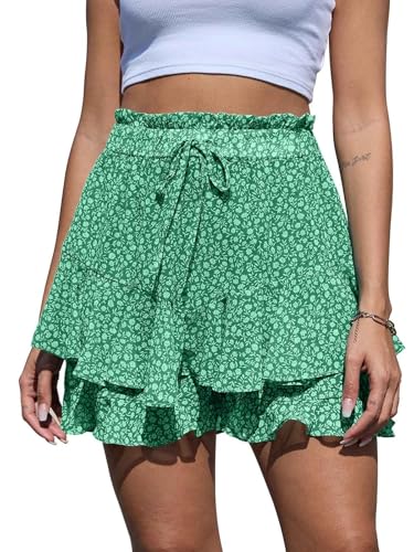 Yutdeng Shorts Damen Sommer Lässig Rock mit Hose Drunter Boho Chiffon Shorts Leicht Hosenrock Kurze Hose Elastische Taille Minirock Blumen Rüschen Strandshorts Locker Sommerhose Freizeit mit Kordelzug von Yutdeng
