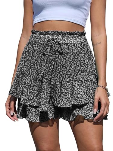 Yutdeng Shorts Damen Sommer Lässig Rock mit Hose Drunter Boho Chiffon Shorts Leicht Hosenrock Kurze Hose Elastische Taille Minirock Blumen Rüschen Strandshorts Locker Sommerhose Freizeit mit Kordelzug von Yutdeng