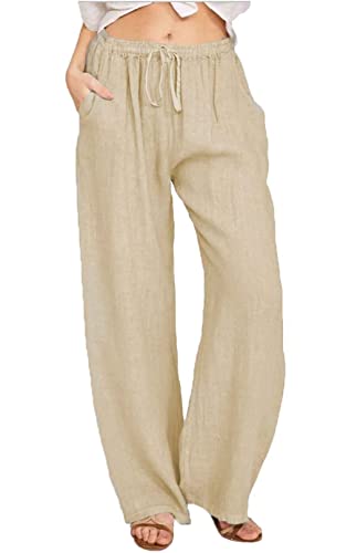 Yutdeng Sommerhose Damen Freizeithose Lang Leicht Baumwolle Leinenhose Casual Weite Hose Lässig Sommer Strandhose Einfarbig Mit Tunnelzug Locker Stoffhose Elegant Linen Pants,Beige,M von Yutdeng