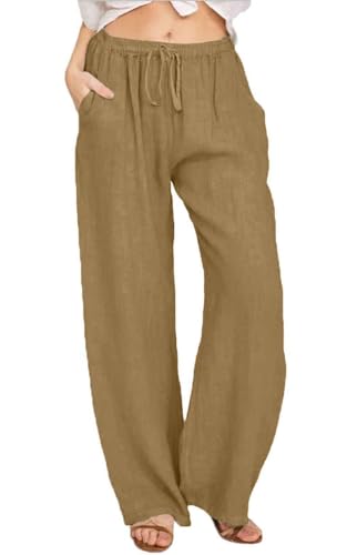 Yutdeng Sommerhose Damen Freizeithose Lang Leicht Baumwolle Leinenhose Casual Weite Hose Lässig Sommer Strandhose Einfarbig Mit Tunnelzug Locker Stoffhose Elegant Linen Pants,Braun,L von Yutdeng