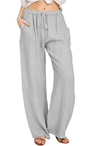 Yutdeng Sommerhose Damen Freizeithose Lang Leicht Baumwolle Leinenhose Casual Weite Hose Lässig Sommer Strandhose Einfarbig Mit Tunnelzug Locker Stoffhose Elegant Linen Pants,Grau,L von Yutdeng