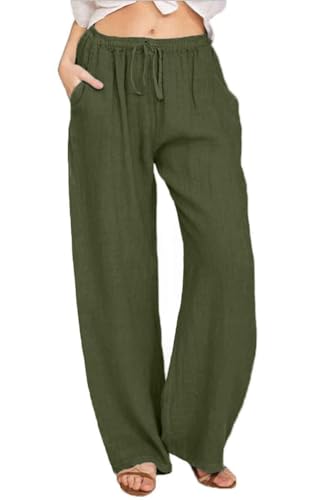 Yutdeng Sommerhose Damen Freizeithose Lang Leicht Baumwolle Leinenhose Casual Weite Hose Lässig Sommer Strandhose Einfarbig Mit Tunnelzug Locker Stoffhose Elegant Linen Pants,Grün,L von Yutdeng