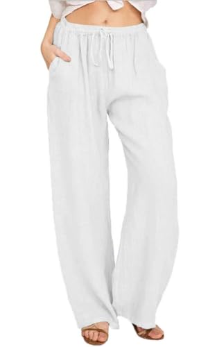 Yutdeng Sommerhose Damen Freizeithose Lang Leicht Baumwolle Leinenhose Casual Weite Hose Lässig Sommer Strandhose Einfarbig Mit Tunnelzug Locker Stoffhose Elegant Linen Pants,Weiß,S von Yutdeng