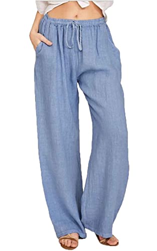 Yutdeng Sommerhose Damen Freizeithose Lang Leicht Baumwolle Leinenhose Casual Weite Hose Lässig Sommer Strandhose Einfarbig Mit Tunnelzug Locker Stoffhose Elegant Linen Pants,Blau,XXL von Yutdeng