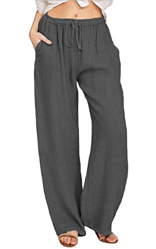 Yutdeng Sommerhose Damen Freizeithose Lang Leicht Baumwolle Leinenhose Casual Weite Hose Lässig Sommer Strandhose Einfarbig Mit Tunnelzug Locker Stoffhose Elegant Linen Pants,Dunkelgrau,M von Yutdeng
