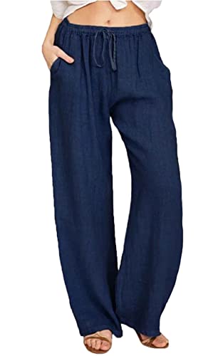 Yutdeng Sommerhose Damen Freizeithose Lang Leicht Baumwolle Leinenhose Casual Weite Hose Lässig Sommer Strandhose Einfarbig Mit Tunnelzug Locker Stoffhose Elegant Linen Pants,Marineblau,XL von Yutdeng