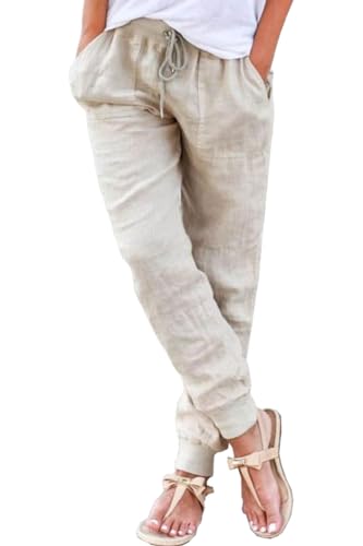 Yutdeng Sommerhosen Damen Leichte Locker Hosen Strandhosen Dünne Stoffhose Freizeithose Lang Jogginghose mit Kordelzug mit Taschen Weite Hose Lässig Locker Hosen Damen Sommer Hose,Beige,M von Yutdeng