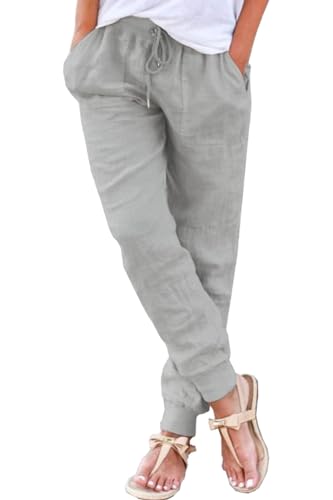 Yutdeng Sommerhosen Damen Leichte Locker Hosen Strandhosen Dünne Stoffhose Freizeithose Lang Jogginghose mit Kordelzug mit Taschen Weite Hose Lässig Locker Hosen Damen Sommer Hose,Grau,M von Yutdeng