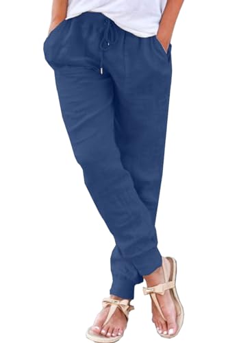 Yutdeng Sommerhosen Damen Leichte Locker Hosen Strandhosen Dünne Stoffhose Freizeithose Lang Jogginghose mit Kordelzug mit Taschen Weite Hose Lässig Locker Hosen Damen Sommer Hose,Marineblau,L von Yutdeng
