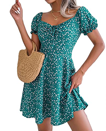 Yutdeng Sommerkleid Damen Kleid Kurz Blumenkleid Vintage Freizeitkleid Elegant Kurzarm Strandkleid Boho Casual Minikleid Blumenmuster mit Reißverschluss A-Linie Kleider Leicht, Grün, L von Yutdeng