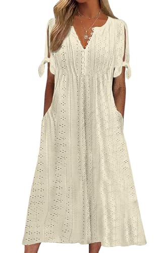 Yutdeng Sommerkleid Damen Lang Boho Sommerkleider Maxi V Ausschnitt Langes Kleid Sommer mit Taschen Freizeitkleid Kurzarm Lange Kleider Luftige Strandkleider Bohokleid Sundresses,Beige,XL von Yutdeng