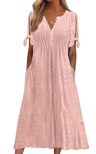 Yutdeng Sommerkleid Damen Lang Boho Sommerkleider Maxi V Ausschnitt Langes Kleid Sommer mit Taschen Freizeitkleid Kurzarm Lange Kleider Luftige Strandkleider Bohokleid Sundresses,Rosa,M von Yutdeng