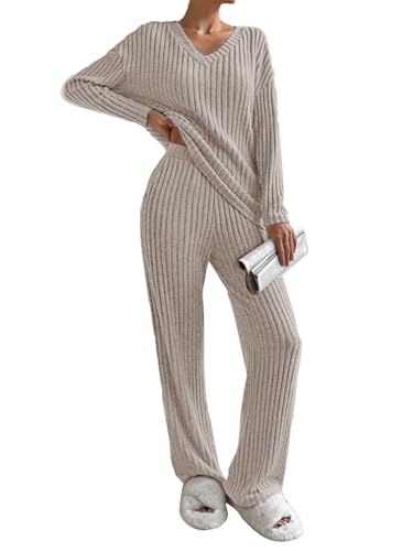 Yutdeng Strickanzug Damen Set Strickpullover und Weite Hose Hausanzug 2-Teilig Langarmshirts V Ausschnitt Freizeitanzug Strick Zweiteiler Elegant Sweat Set Trainingsanzug Loungewear,Beige,XL von Yutdeng