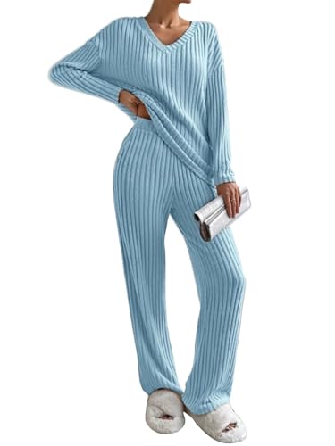 Yutdeng Strickanzug Damen Set Strickpullover und Weite Hose Hausanzug 2-Teilig Langarmshirts V Ausschnitt Freizeitanzug Strick Zweiteiler Elegant Sweat Set Trainingsanzug Loungewear,Blau,S von Yutdeng