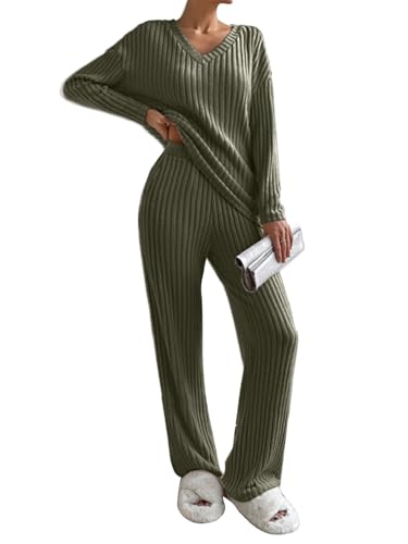 Yutdeng Strickanzug Damen Set Strickpullover und Weite Hose Hausanzug 2-Teilig Langarmshirts V Ausschnitt Freizeitanzug Strick Zweiteiler Elegant Sweat Set Trainingsanzug Loungewear,Grün,XL von Yutdeng