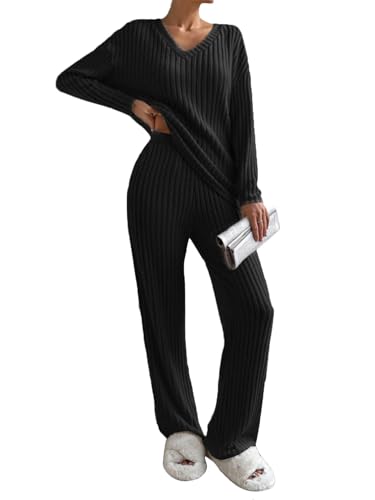 Yutdeng Strickanzug Damen Set Strickpullover und Weite Hose Hausanzug 2-Teilig Langarmshirts V Ausschnitt Freizeitanzug Strick Zweiteiler Elegant Sweat Set Trainingsanzug Loungewear,Schwarz,XL von Yutdeng