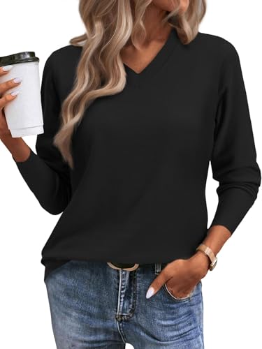 Yutdeng Strickpullover Damen Pulli Pullover V-Ausschnitt Elegant Strickpulli Oberteile Langarmshirt Herbst Winter Sweatshirt Strick Damen Sweater Unterziehpullover Wollpullover Jumpers,Schwarz,M von Yutdeng