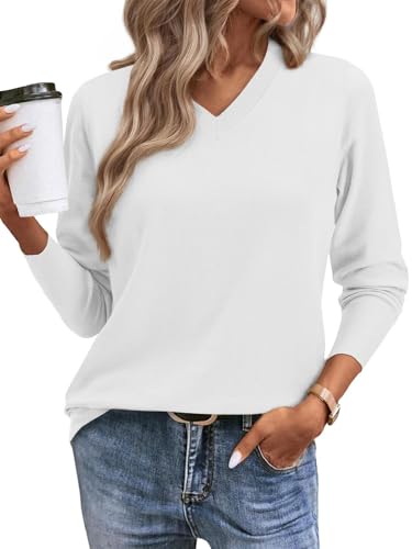 Yutdeng Strickpullover Damen Pulli Pullover V-Ausschnitt Elegant Strickpulli Oberteile Langarmshirt Herbst Winter Sweatshirt Strick Damen Sweater Unterziehpullover Wollpullover Jumpers,Weiß,XXL von Yutdeng