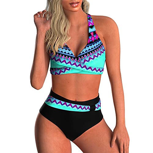 Yutdeng Swimwear Damen Bikini Set Crossover Push-up Bikinioberteil mit Schultergurt Breites Unterbrustband Bademode Bedruckter Plissee-Bikinihose Hohe Taille Badeanzüge Chic,Blau,L von Yutdeng