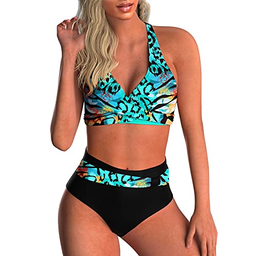 Yutdeng Swimwear Damen Bikini Set Crossover Push-up Bikinioberteil mit Schultergurt Breites Unterbrustband Bademode Bedruckter Plissee-Bikinihose Hohe Taille Badeanzüge Chic,Grün,L von Yutdeng