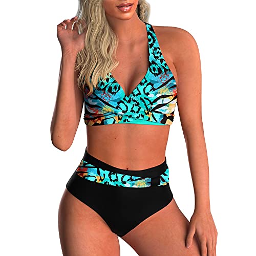 Yutdeng Swimwear Damen Bikini Set Crossover Push-up Bikinioberteil mit Schultergurt Breites Unterbrustband Bademode Bedruckter Plissee-Bikinihose Hohe Taille Badeanzüge Chic,Grün,S von Yutdeng