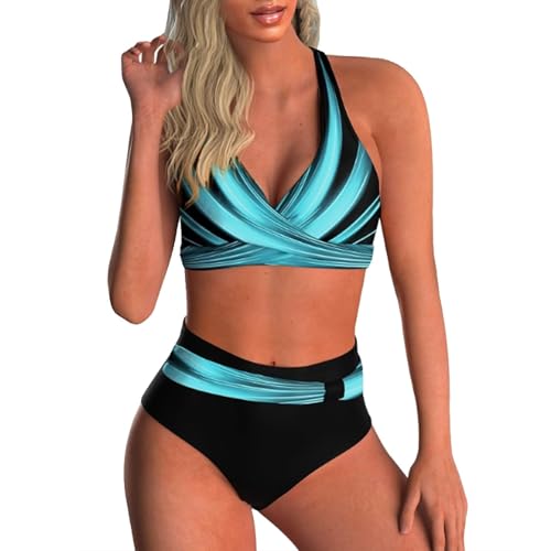 Yutdeng Swimwear Damen Bikini Set Crossover Push-up Bikinioberteil mit Schultergurt Breites Unterbrustband Bademode Bedruckter Plissee-Bikinihose Hohe Taille Badeanzüge Chic,Mehrfarbig,M von Yutdeng