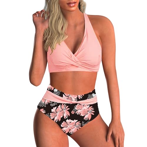 Yutdeng Swimwear Damen Bikini Set Crossover Push-up Bikinioberteil mit Schultergurt Breites Unterbrustband Bademode Bedruckter Plissee-Bikinihose Hohe Taille Badeanzüge Chic,Rosa,XL von Yutdeng