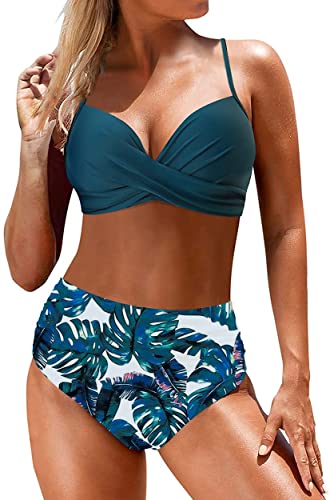 Yutdeng Swimwear Damen Zweiteiliger Badeanzug mit Bügel Crossover Bademode Push-up Bikinioberteil mit Schultergurt Wickel Hohe Taille Bikinihose Bedruckter Plissee-Bikini Set,Blau,M von Yutdeng
