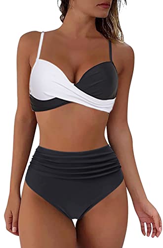 Yutdeng Swimwear Damen Zweiteiliger Badeanzug mit Bügel Crossover Bademode Push-up Bikinioberteil mit Schultergurt Wickel Hohe Taille Bikinihose Bedruckter Plissee-Bikini Set,Weiß,L von Yutdeng