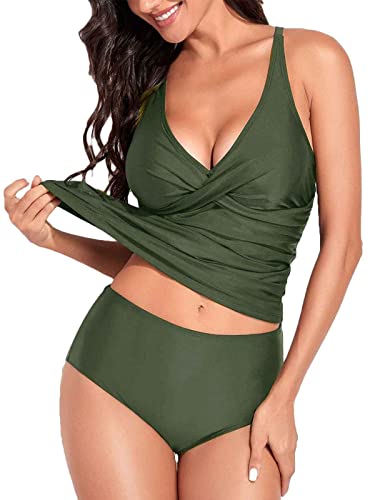 Yutdeng Tankini Damen Bauchweg Bademode Set Zweiteilig Badeanzug Push Up V Ausschnitt Tankini Top Cross Back High Waist Bikinislip Rückenfreier Bikinis Sexy,Grün,S von Yutdeng