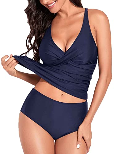 Yutdeng Tankini Damen Bauchweg Bademode Set Zweiteilig Badeanzug Push Up V Ausschnitt Tankini Top Cross Back High Waist Bikinislip Rückenfreier Bikinis Sexy,Marineblau,L von Yutdeng