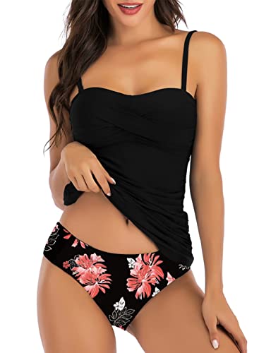Yutdeng Tankini Damen Bauchweg Push Up Badeanzug Ruched Tankini Oberteil mit Abnehmbarer Verstellbarer Schultergurt Bademode Set Zweiteiler mit Slip Badeanzüge für Damen Swimsuit,Rosa,L von Yutdeng