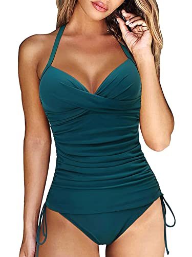 Yutdeng Tankini Damen Push Up Badeanzug Bauchweg Tankini Oberteil mit Bügel Rüschen Kordelzug Side Verstellbarer Schultergurt Bademode Zweiteiliger Tankini Bikini Set mit Slip,Blau,M von Yutdeng
