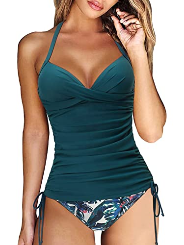 Yutdeng Tankini Damen Push Up Badeanzug Bauchweg Tankini Oberteil mit Bügel Rüschen Kordelzug Side Verstellbarer Schultergurt Bademode Zweiteiliger Tankini Bikini Set mit Slip,Blau Blume,L von Yutdeng